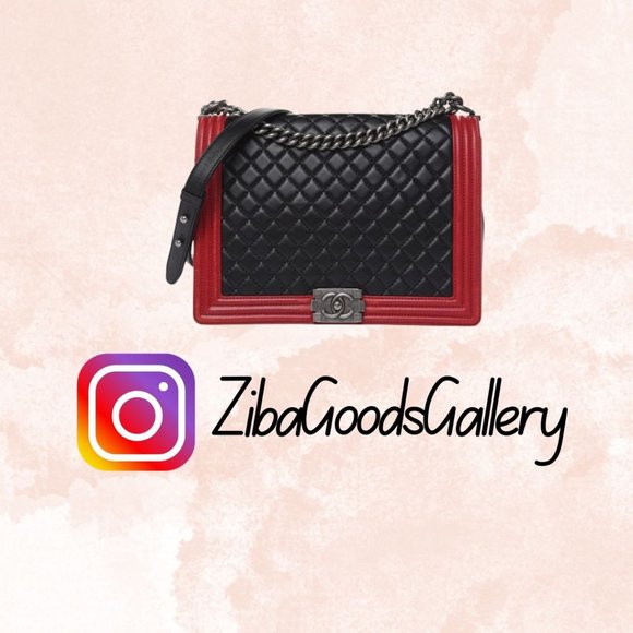 CHANEL Handbags - Chanel Lambskin Quilted Large Boy Bag flap, Black with Red piping